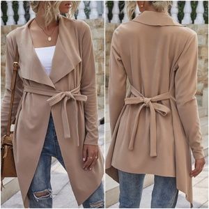 Vegan suede waterfall belted coat jacket tan fall